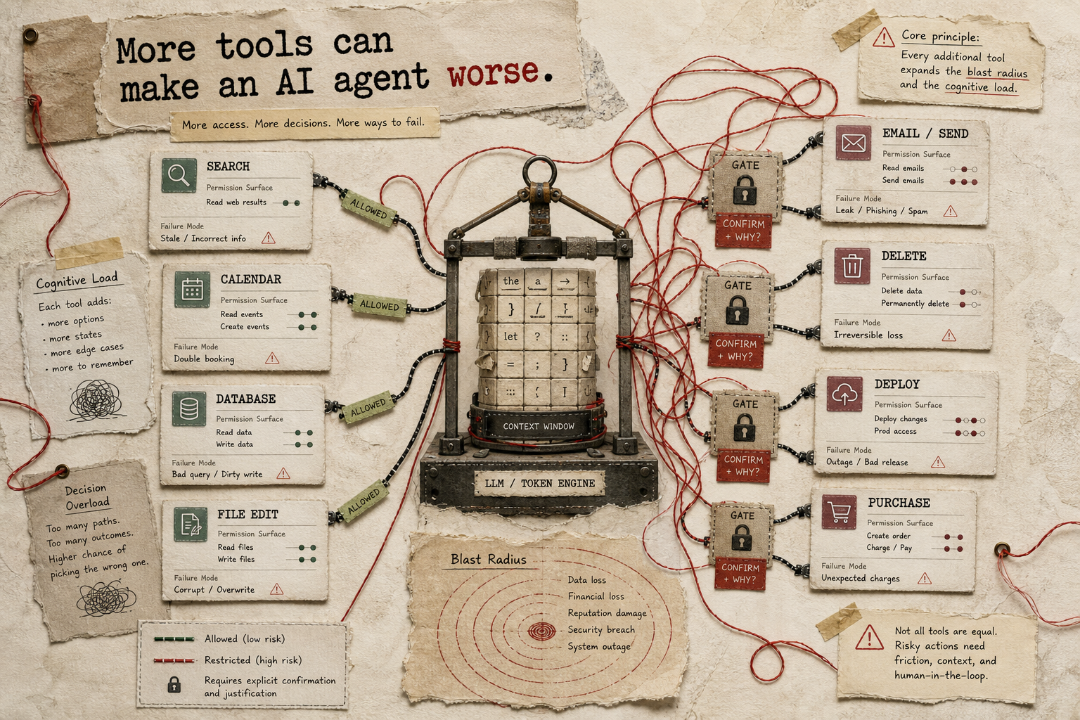 Mixed-media diagram showing an AI agent surrounded by too many tools, with risky actions behind permission gates.